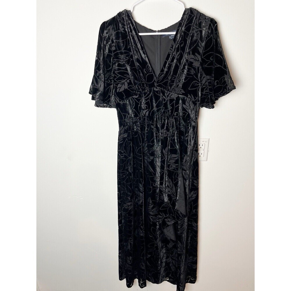French Connection Womens Hanna Velvet V Neck‎ Midi Dress 6 Floral Black Velour​